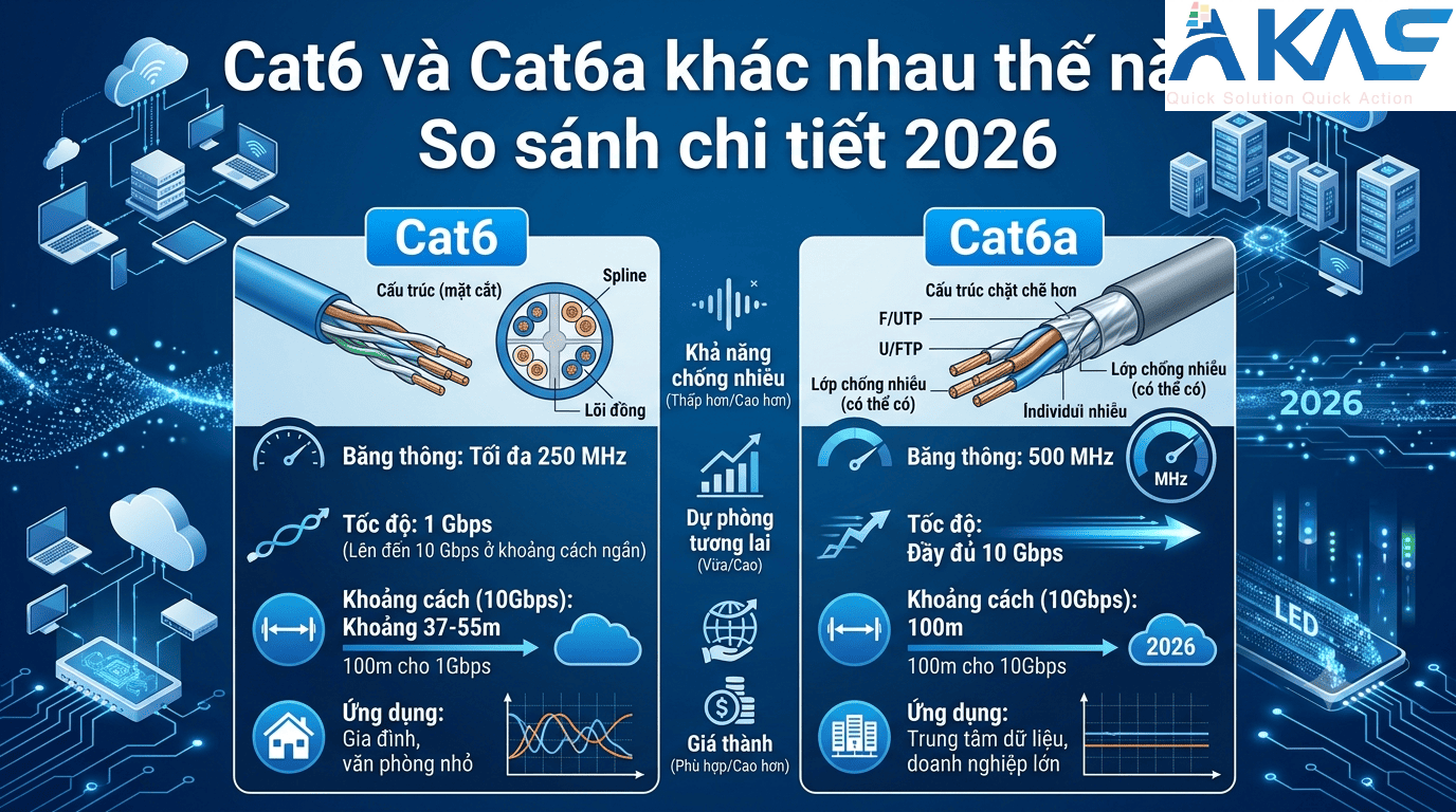 Cat6 và Cat6a khác nhau thế nào? So sánh chi tiết 2026